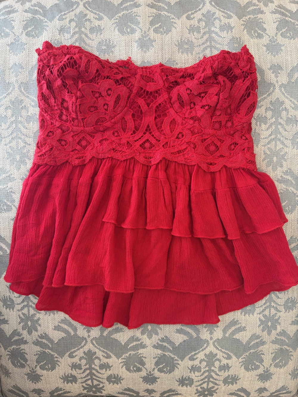 Free People Red Lace Ruffle Strapless Top